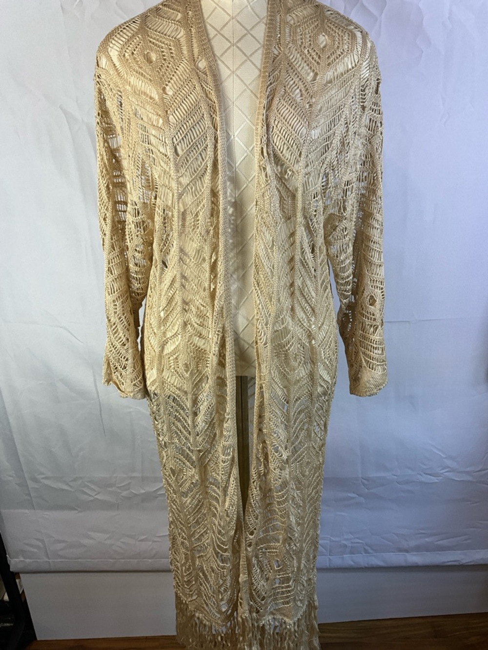 Hayden Boho Open-Knit Fringe Crochet Knit Duster or Kimono Size Small